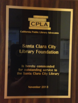 Award plaque given by the CPLA to the Santa Clara Library Foundation and Friends board.