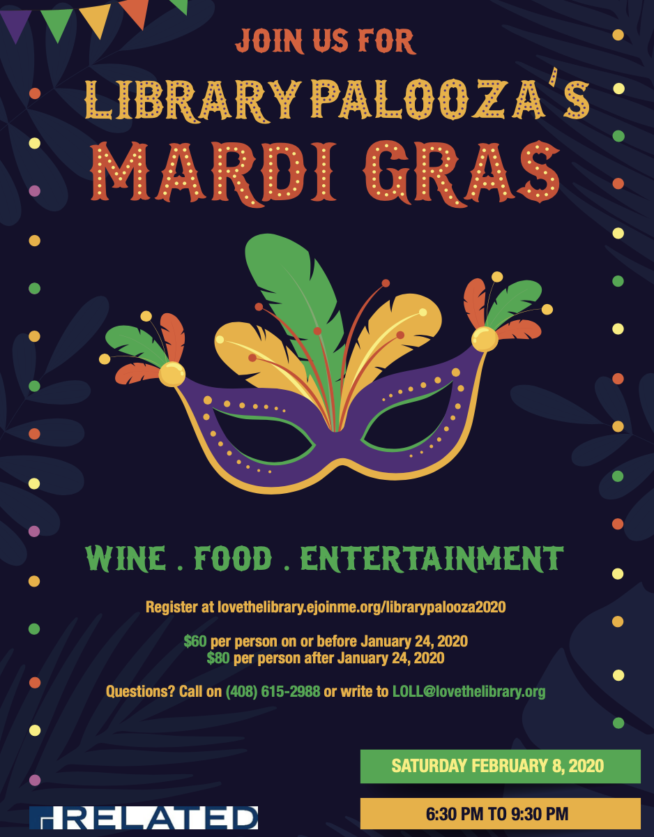 The community poster for Librarypalooza 2020, the gala fundraiser for the santa Clara city library foundation and friends