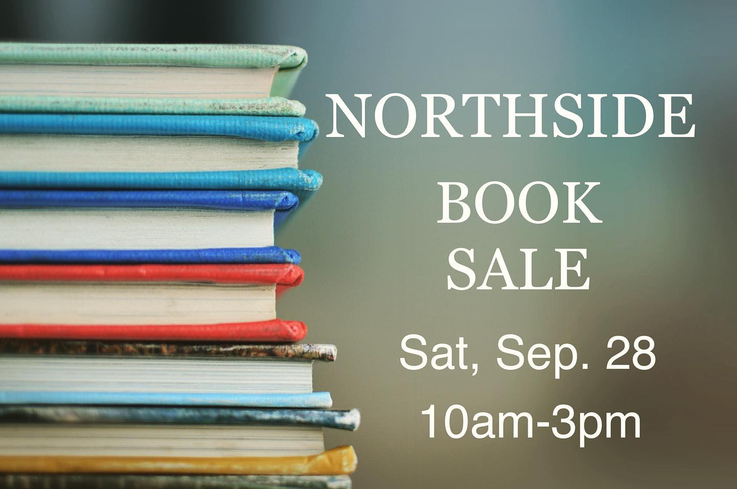 pile of books adverting the September 2019 friends of the library book sale at Northside library