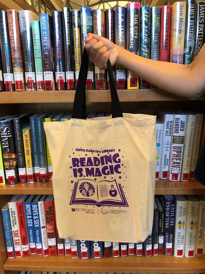 reading is magic tote bag prize for The Santa Clara City Library summer reading program, sponsored by The Santa Clara City Library foundation and friends