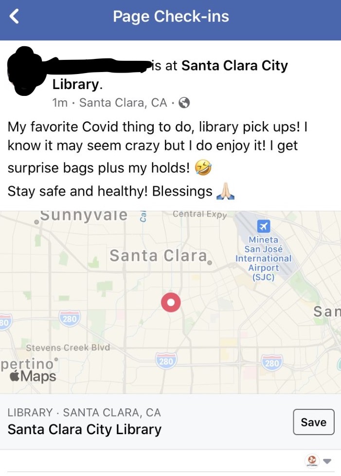 Facebook post of someone enjoying their library pick-ups at The Santa Clara City LIbrary