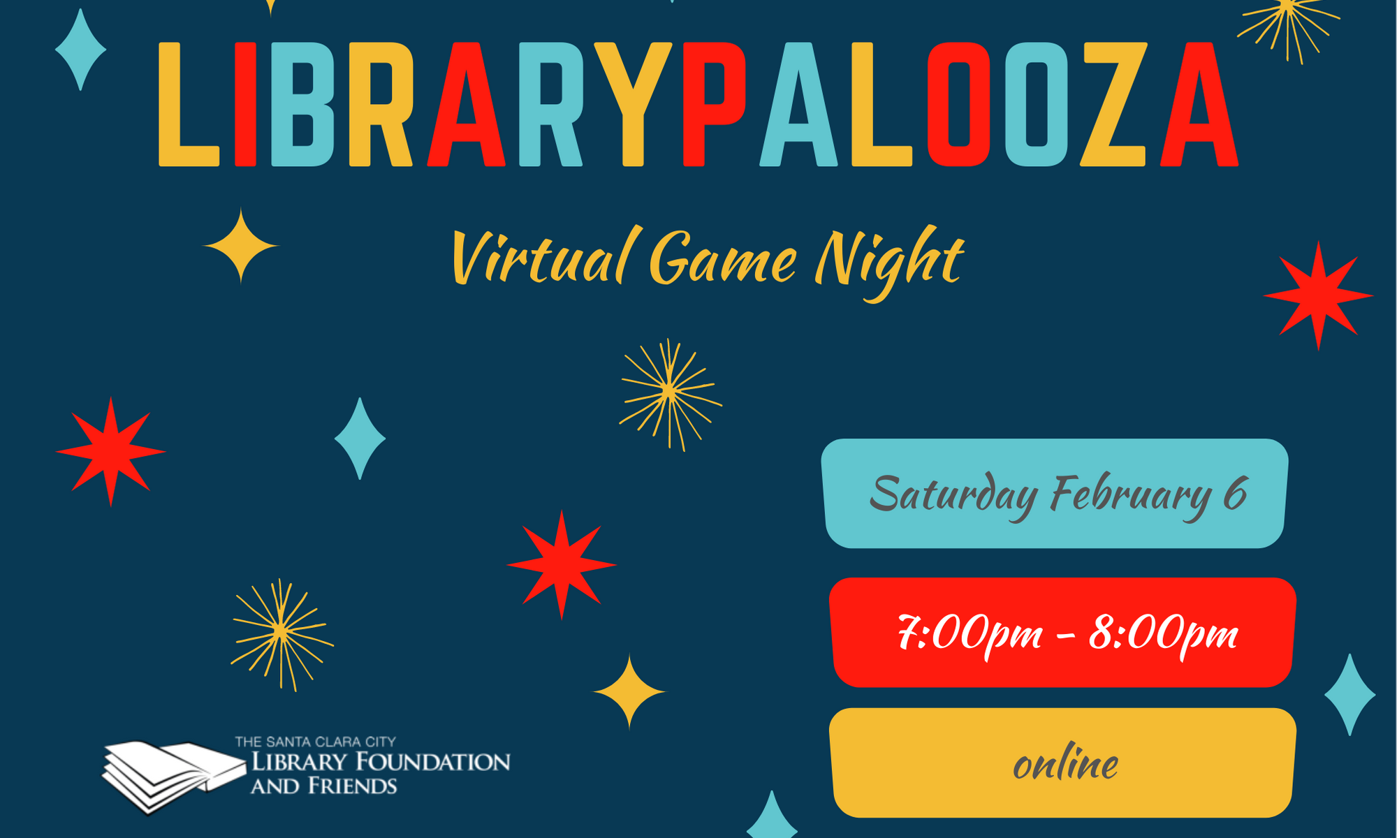 Save the date graphic advertising Librarypalooza 2021, the virtual game night benefitting The Santa Clara City Library foundation and friends