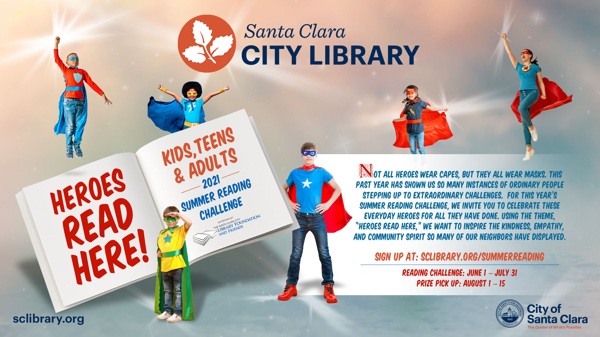 graphic full of everyday superheroes for The Santa Clara City Library Summer Reading, Sponsored by The Santa Clara City Library Foundation and Friends