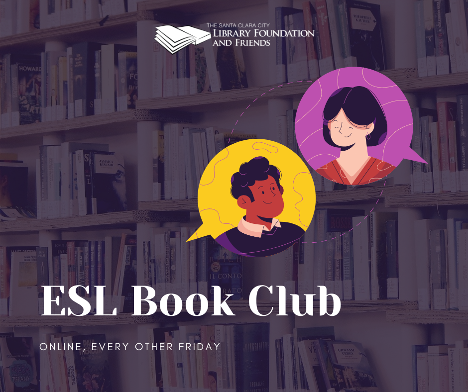 A purple graphic for the English as a Second Language (ESL) Book CLub at The Santa Clara City Library, sponsored by The Santa Clara City Library foundation and friends