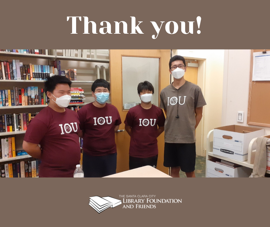 a brown graphic thanking in our unity, a teen volunteer group for their help sorting book donations to The Santa Clara City Library foundation and friends