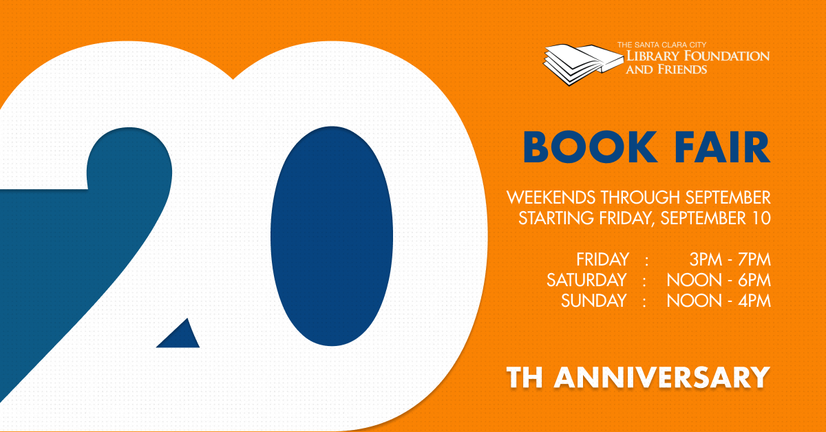 an orange and blue graphic advertising The Santa Clara City Library foundation and friends book fair at Westfield valley fair mall in September 2021