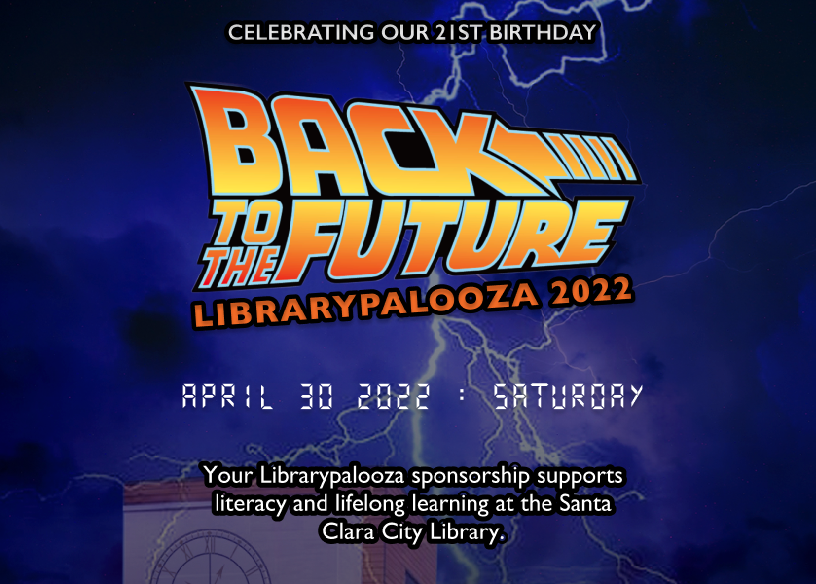 Graphic with the Back to the Future logo, asking people to sponsor Librayrpalooza, the gala fundraiser for The Santa Clara City Library Foundation and Friends