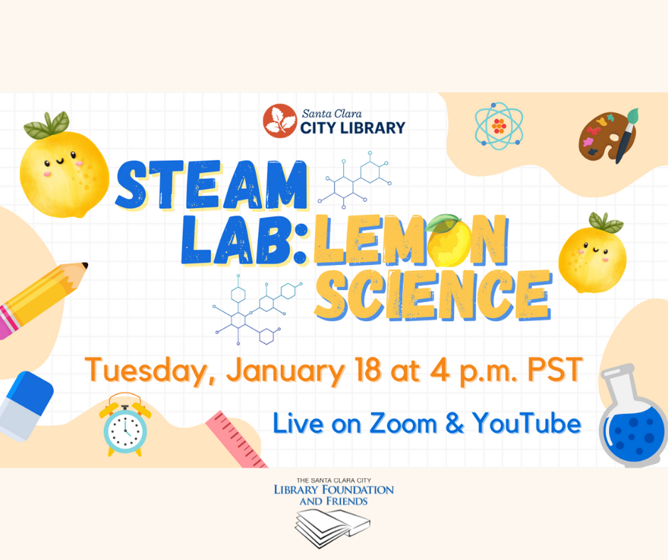 A light yellow graphic promoting the January 2022 STEAM Lab at The Santa Clara City Library, sponsored by The Santa Clara City Library Foundation and Friends
