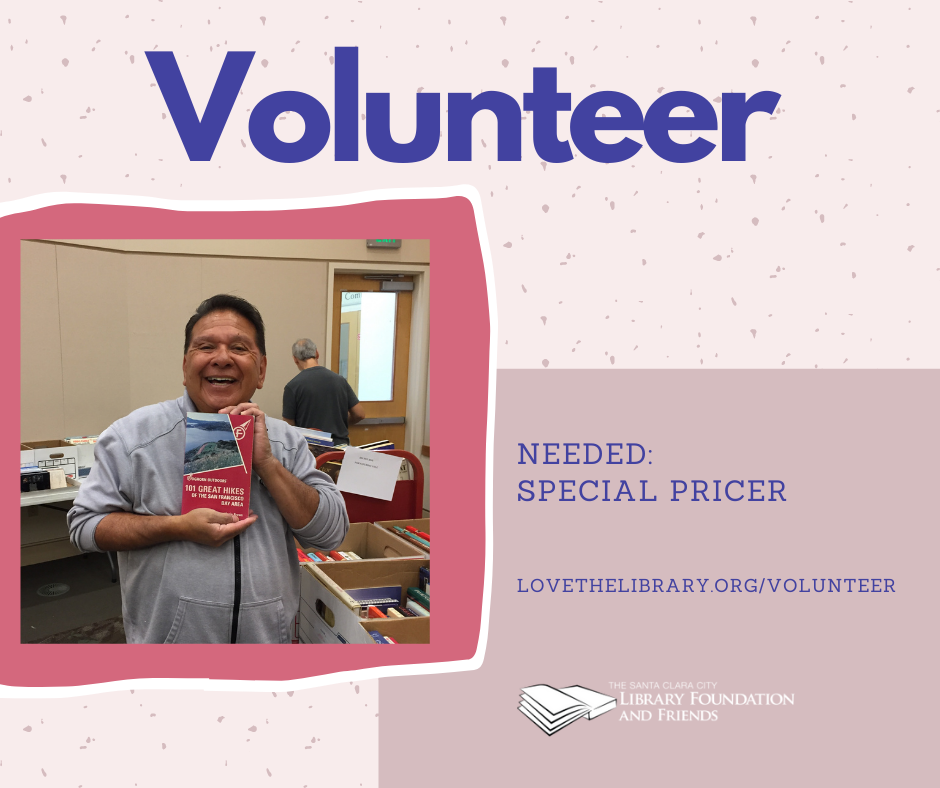 Pink graphic asking for volunteers to help The Santa Clara City Library Foundation and Friends price their book, music, and movie donations