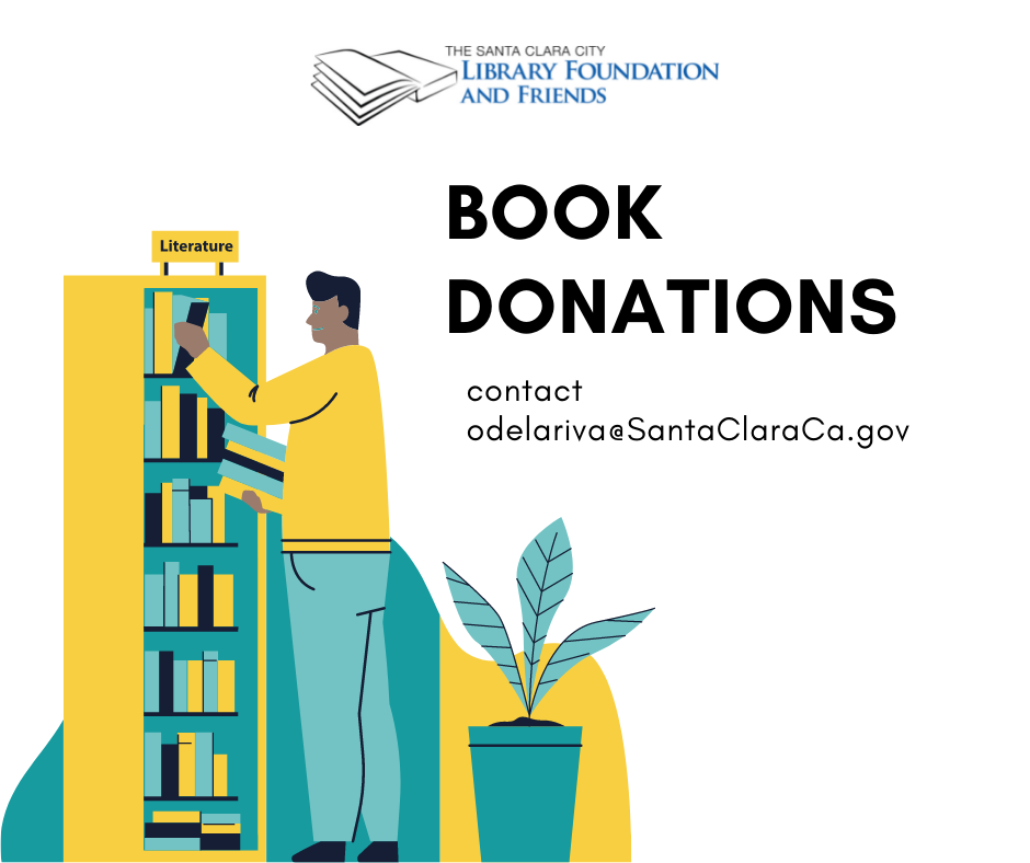 Yellow and teal Graphic for the book donations page of The Santa Clara City Library Foundation and Friends website