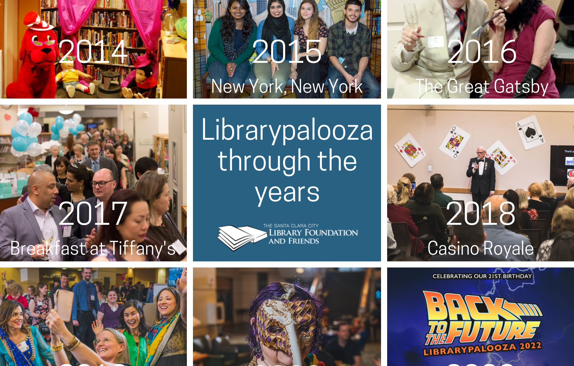 a grid of 8 photos from prior librarypaloozas and a square in the middle that says "Librarypalooza through the years"