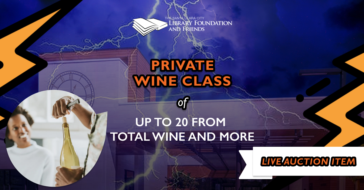 Graphic for the Private Wine Class for 20 as a live auction item at Librarypalooza