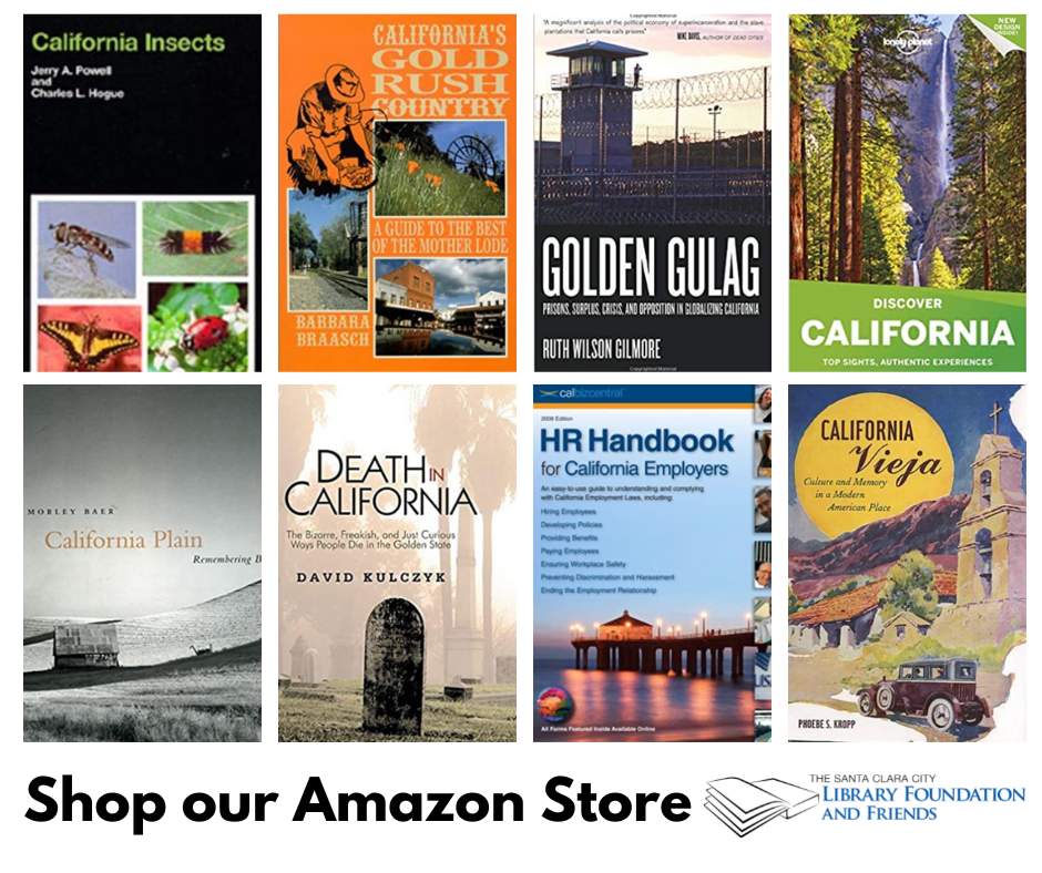 A grid of books about California for sale by the Santa Clara City Library foundation and friends