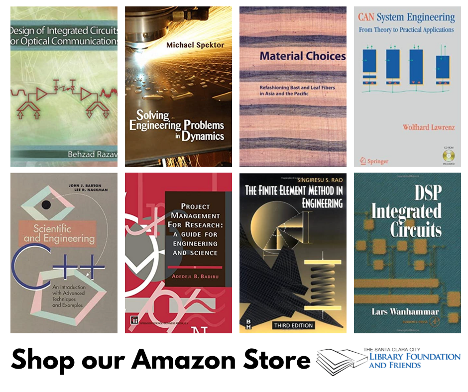 a grid of eight engineering books for sale in the friends of the Santa Clara city library online bookstore as of August 29, 2022