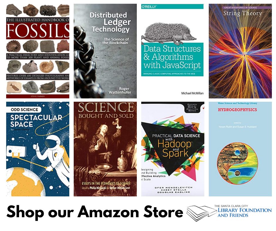 a grid of eight science books for sale in the friends of the Santa Clara city library online bookstore as of August 29, 2022