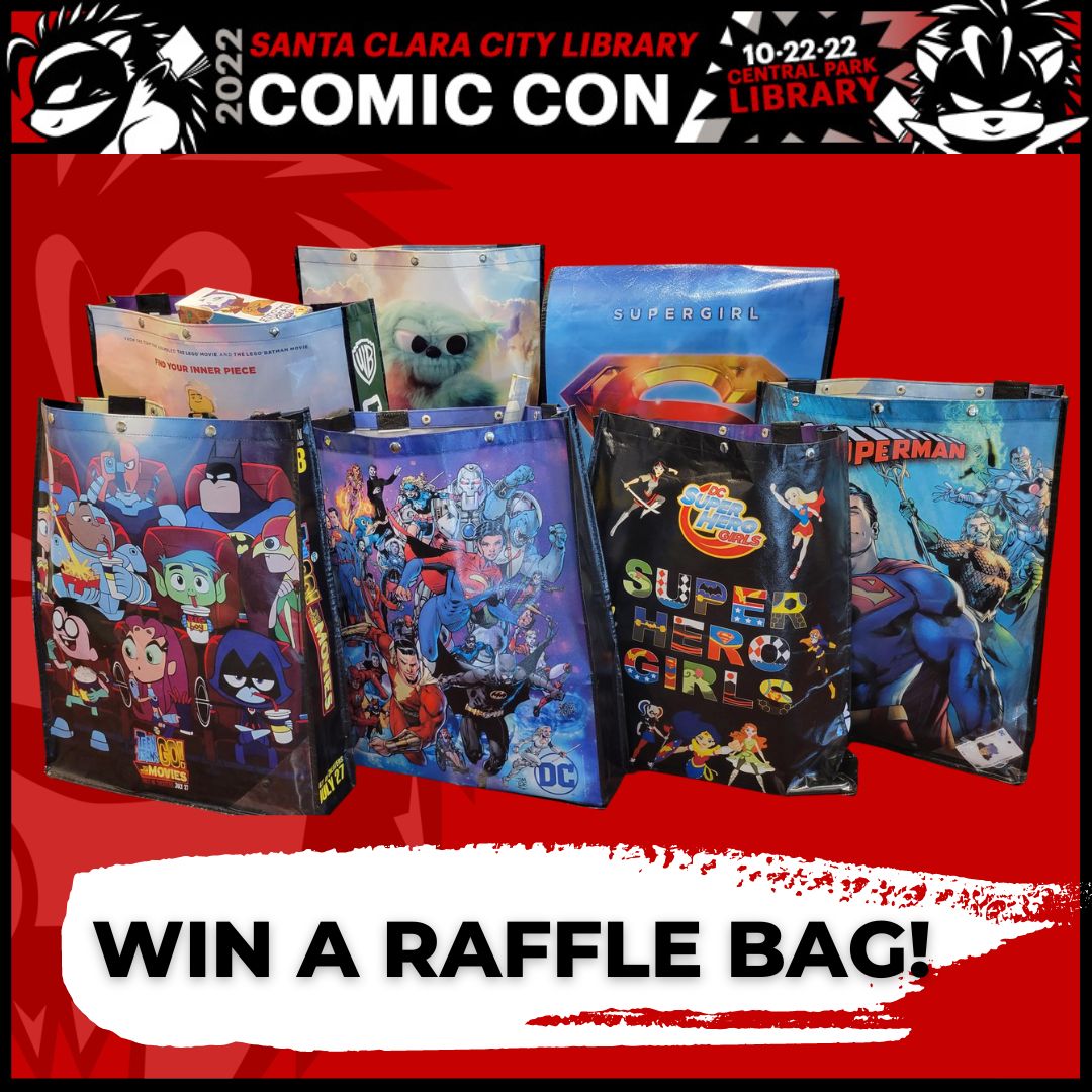 a promotional photo of the prizes for the raffle held by the Santa Clara city library foundation and friends at the Santa Clara City Library comic con on October 22, 2022
