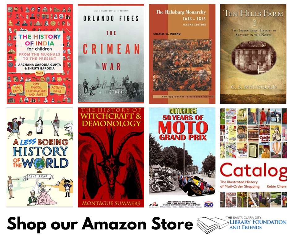 A grid of eight history books currently for sale at the friends of the Santa Clara city library online bookstore.