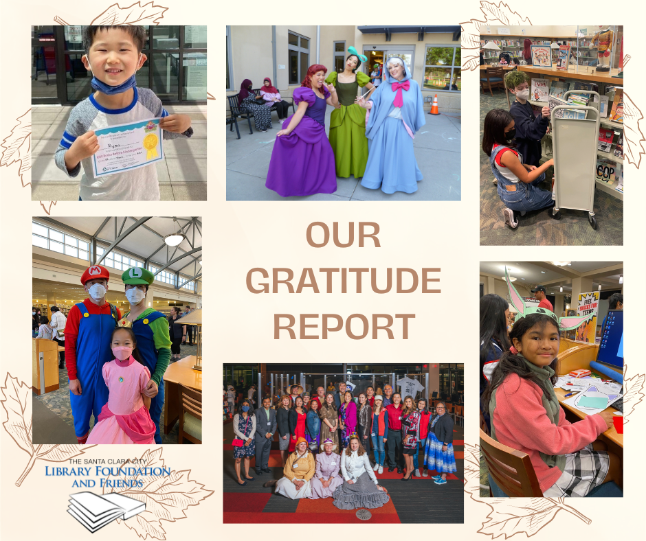 A collage of photos from the Santa Clara City Library as a part of the Foundation and Friends' gratitude report for Thanksgiving 2022.