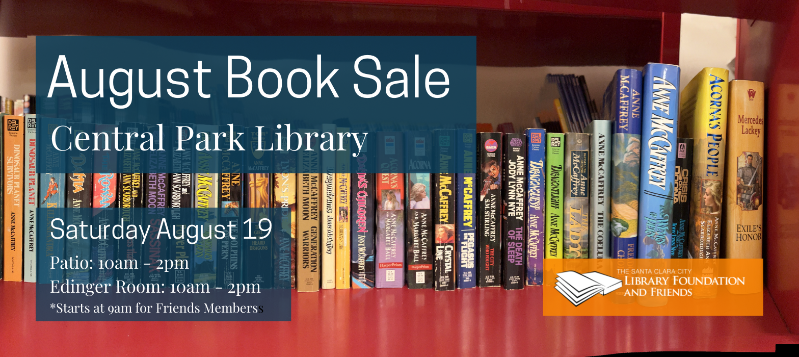 An image for the August Book Sale at Central Park Library. The Friends of the Library Book Sale will be on Saturday August 19 from 10am - 2pm.