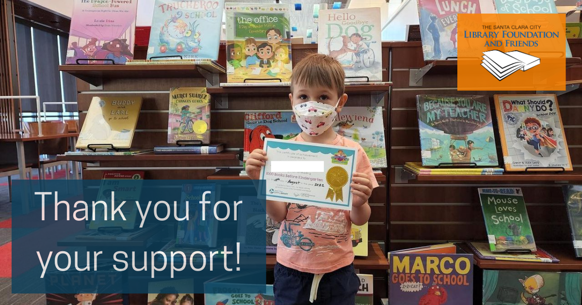 A photo of a child who finished 1000 books before kindergarten. The message on the photo is thanking everyone for their support of the Santa Clara City Library during the latest budget process.