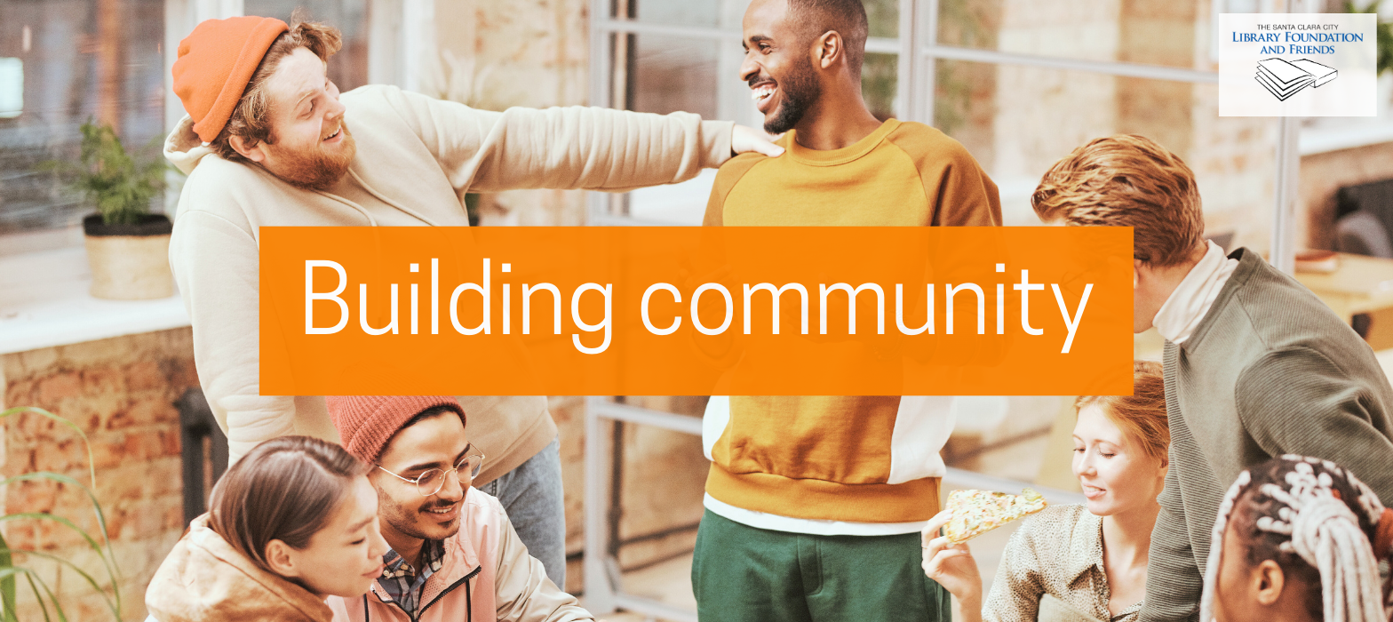 A banner that says "building community" with a stock photo of a group of people hanging out