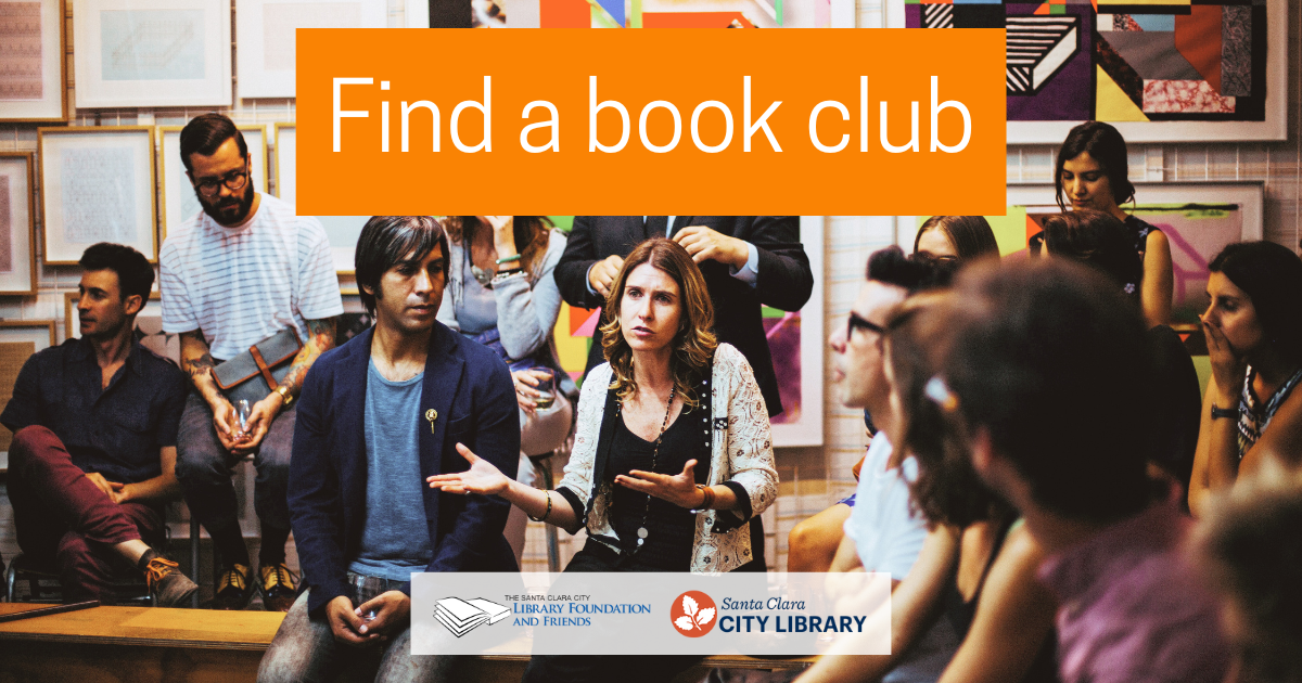 A banner saying "Find a book club" over a stock photo of a group talking