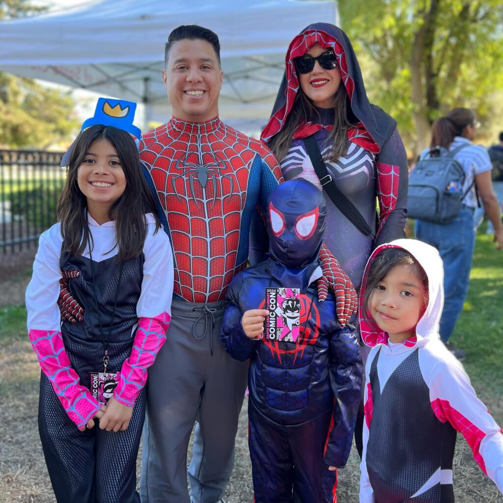 A family of spidermen at The Santa Clara City Library Comic Con