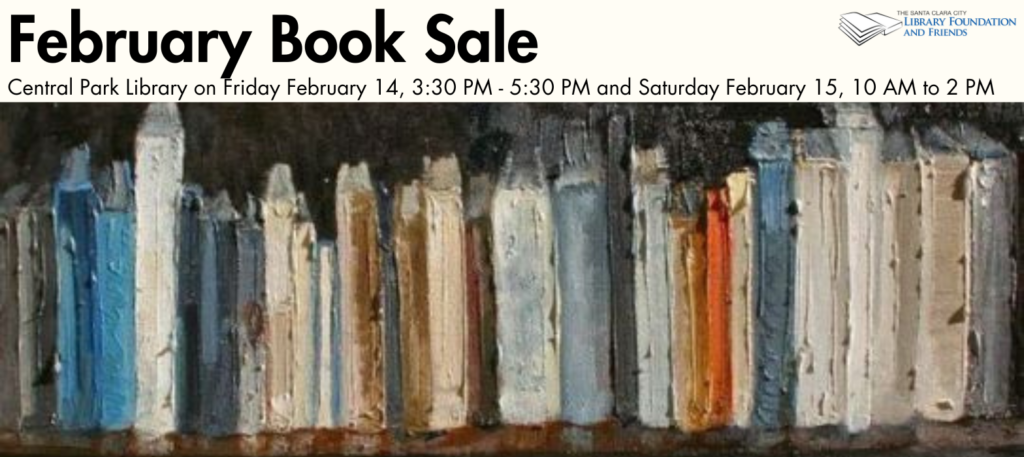 A painting of books on a shelf to advertise the February Book Sale for the Friends of the Santa Clara City Library on February 14 and February 15