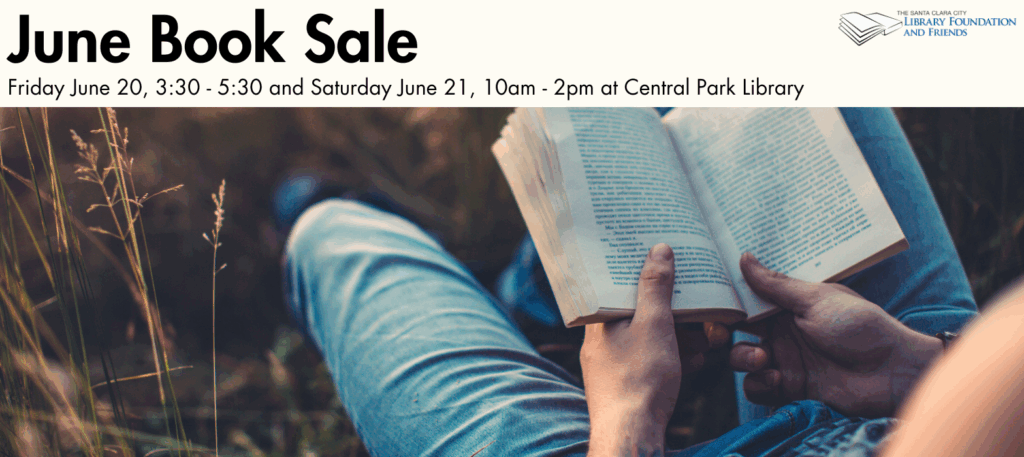 A photo of a man in jeans reading a book to advertise the monthly book sale in June at the Central Park Library on June 20 and 21.