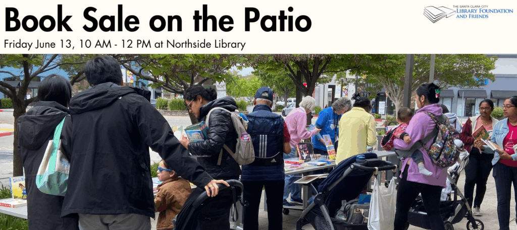 Image of people shopping at an outdoor book sale at the Northside Library to advertise the upcoming sale on Friday June 13 from 10am until noon.