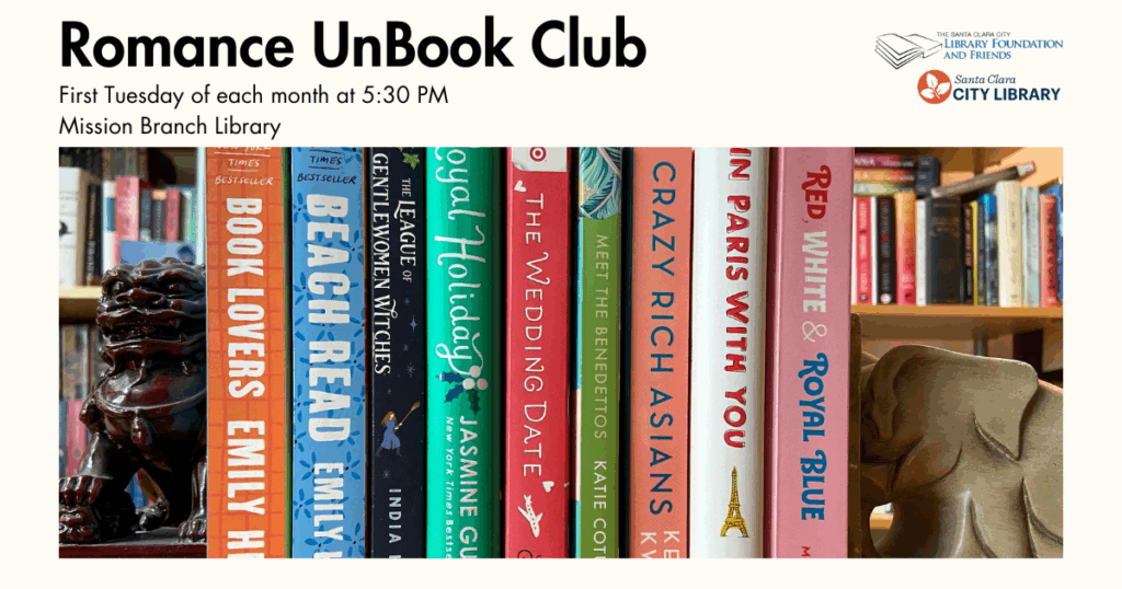A photograph of a few romance novels advertising the romance UnBook Club at Mission library