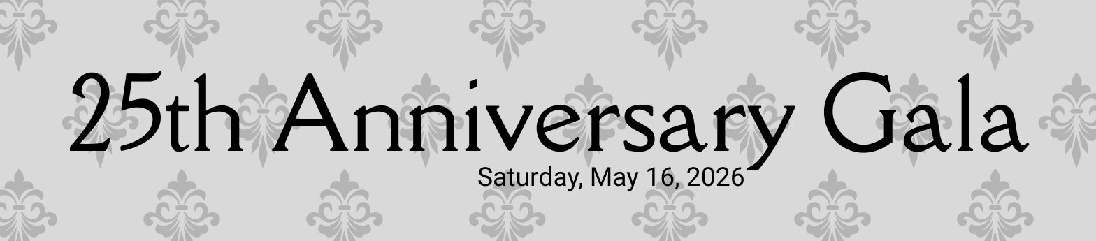 Silver and grey banner advertising the Santa Clara City Library Foundation and Friends' 25th anniversary gala on May 16, 20206