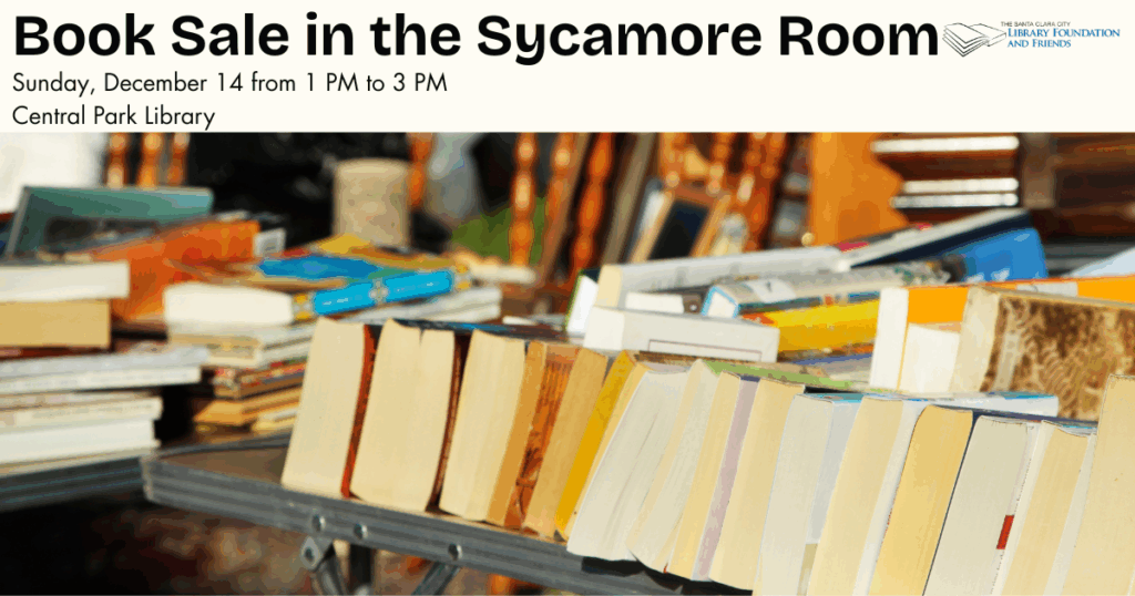 A photo advertising the Book Sale in the Sycamore Room at Central Park Library on Sunday December 14 from 1pm to 3pm.