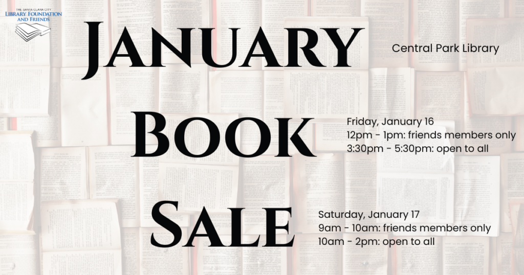 graphic advertising the Santa Clara City Library Foundation and Friends January Book Sale at Central Park Library on Friday January 16 and Saturday January 17